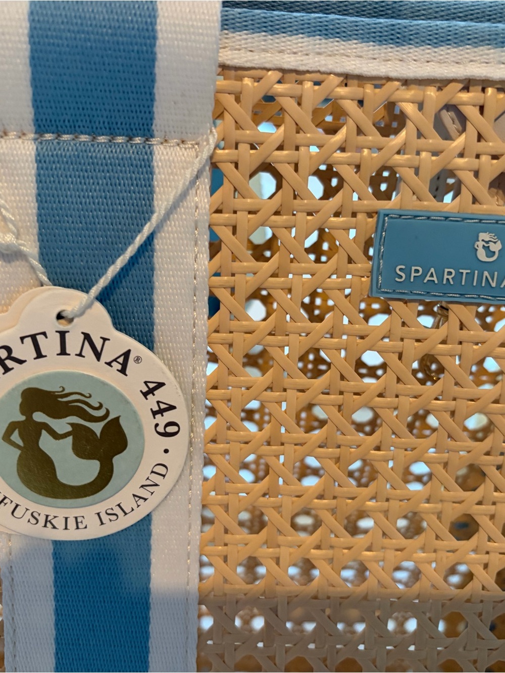 Spartina 449 Natural Woven Tote with Blue & White Straps - Picture 3 of 7